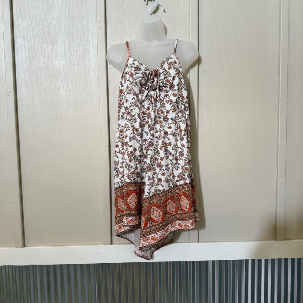 Womens Tunic 2XL White Floral Boho Asymmetrical Border Print Strappy Geometric